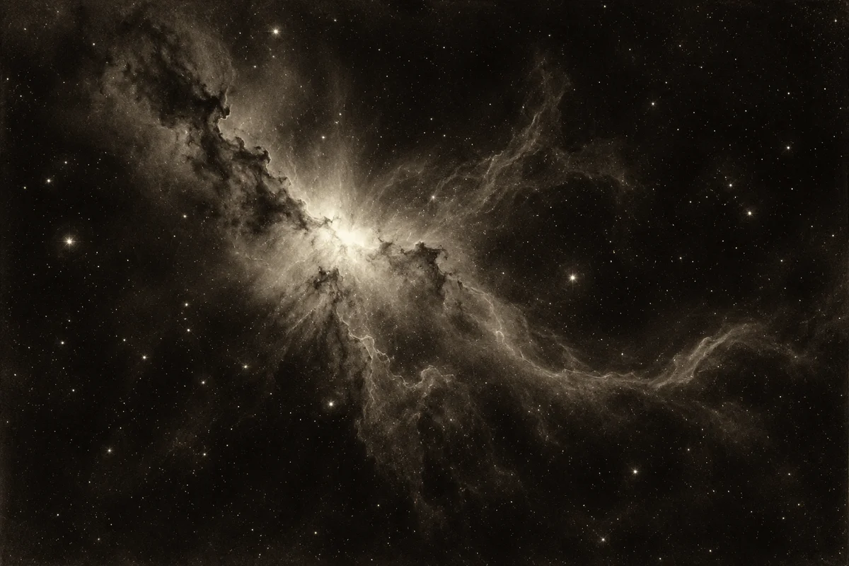 Filamentos de una nebulosa en un campo de estrellas, con textura de placa fotográfica y tonos plata y sepia.