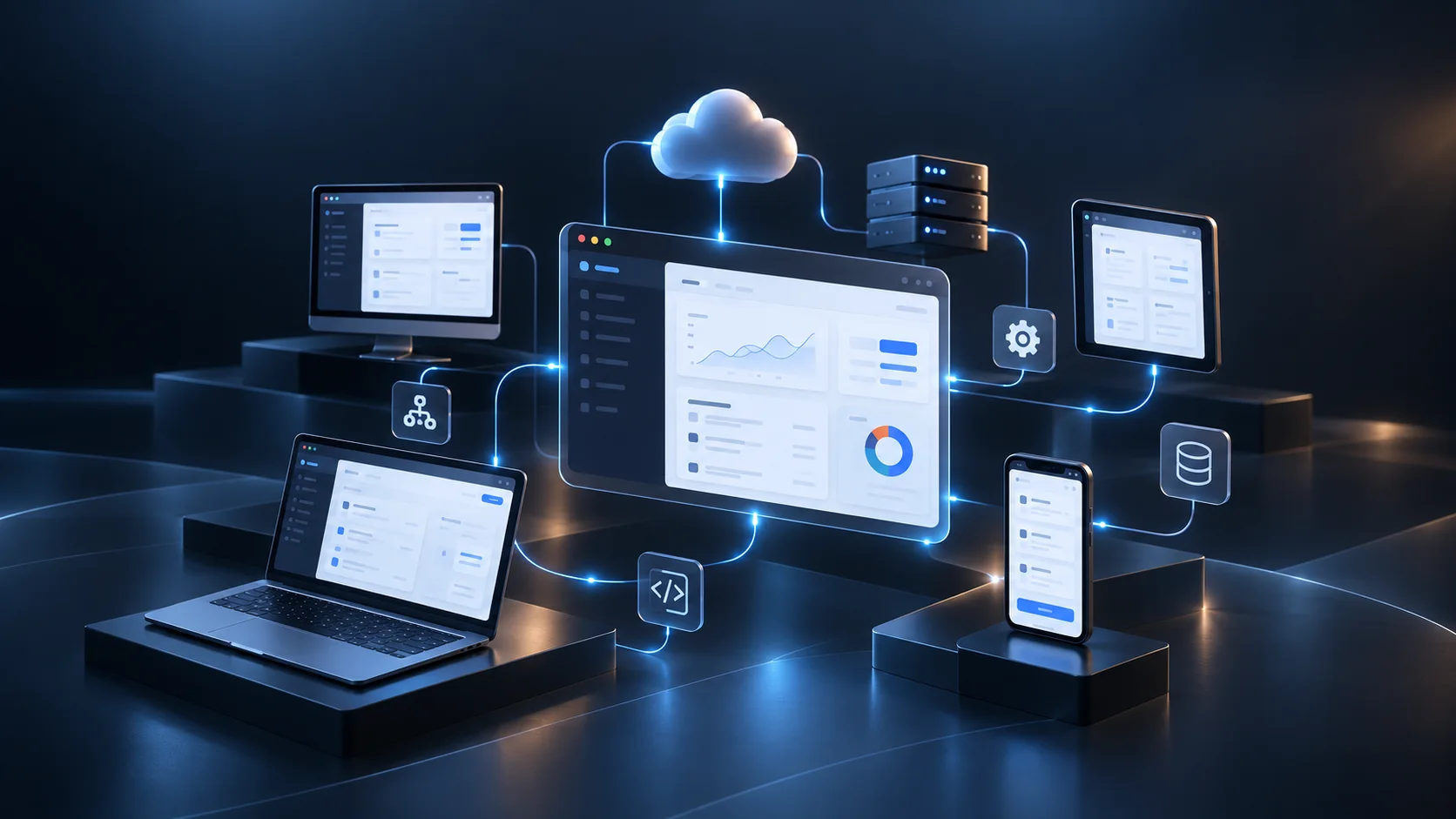 Aplicación empresarial conectada con web, móvil, cloud, APIs y bases de datos