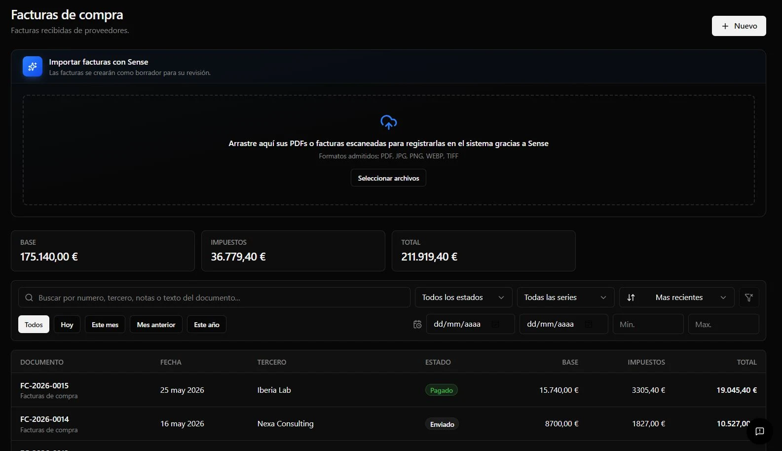 Alta de facturas de compra con Sense en Atlas