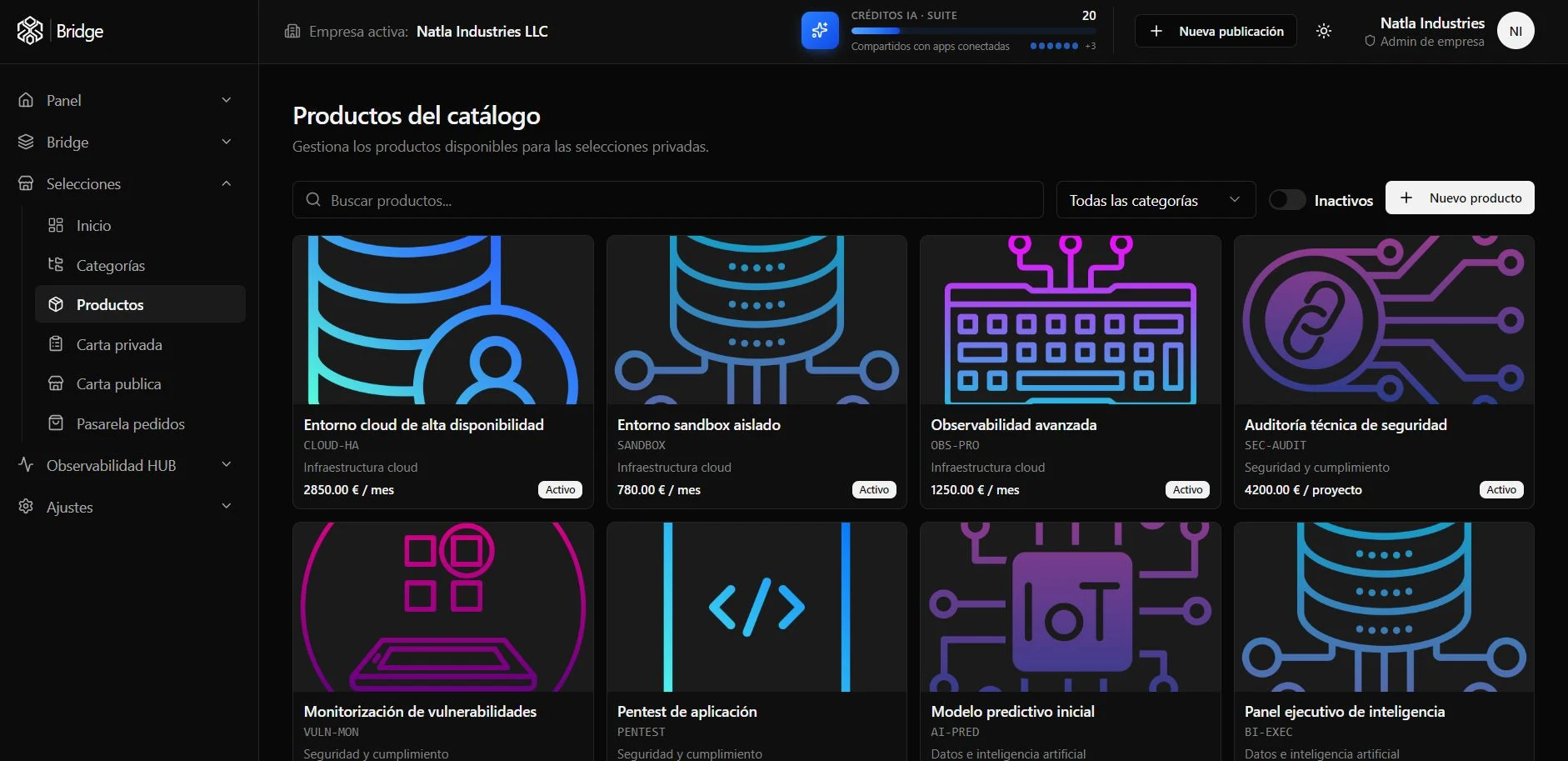 Catálogo de productos en Bridge