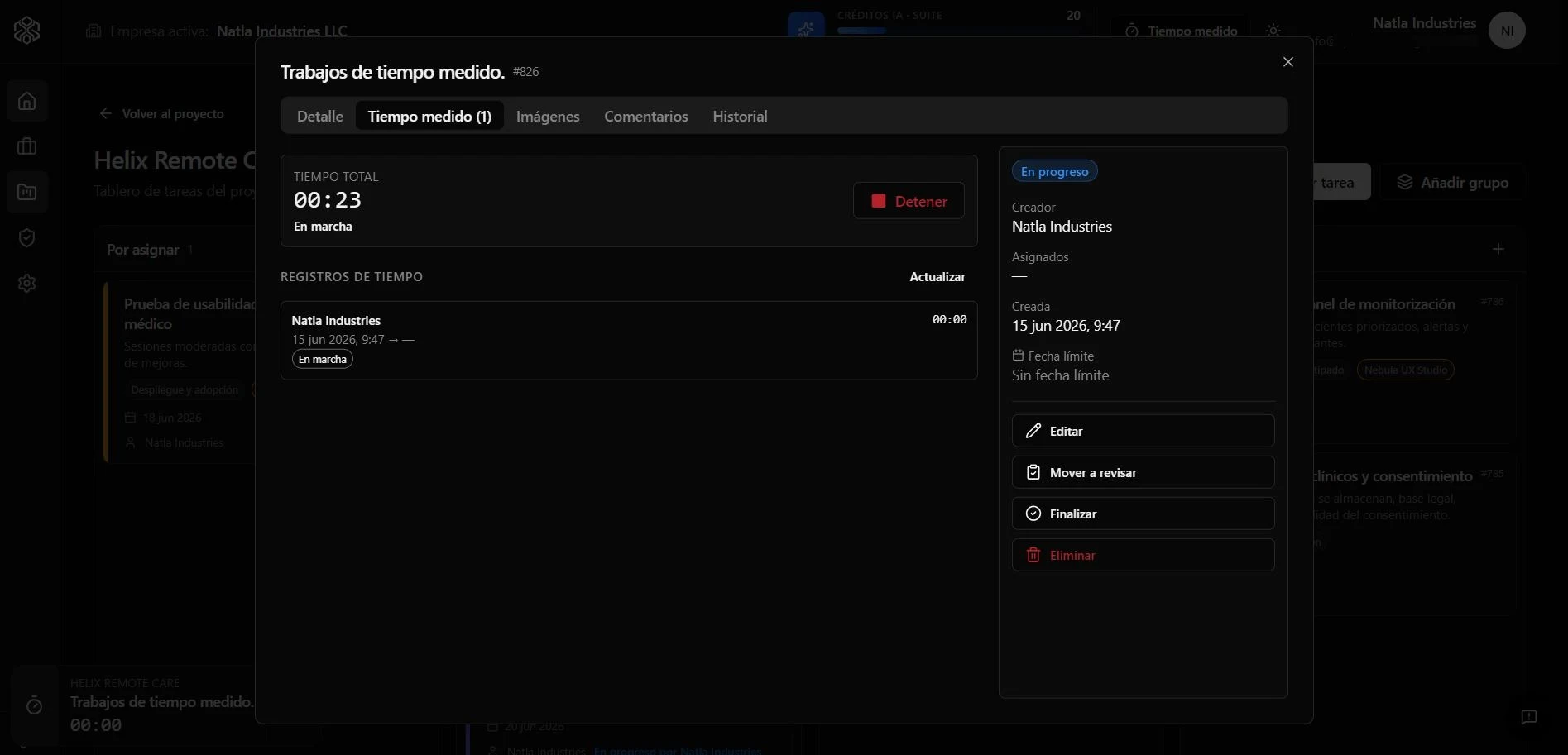 Detalle de tarea cronometrada en Forge