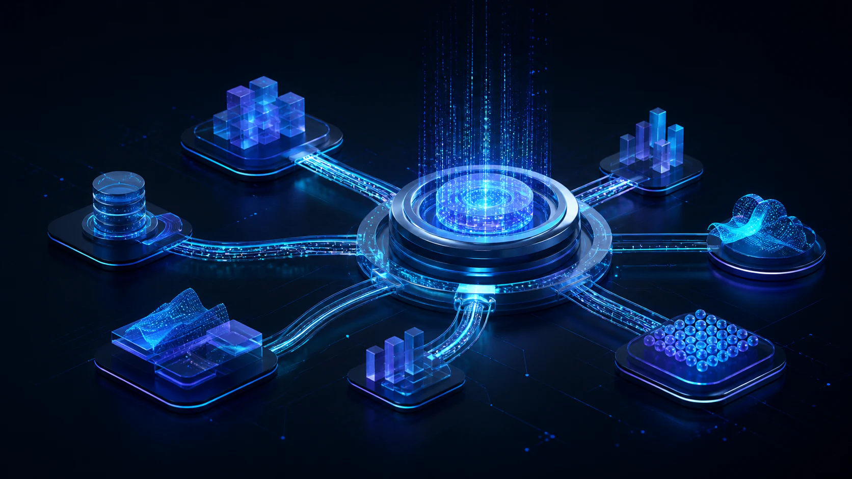 Representación abstracta de un protocolo central conectando aplicaciones, datos y herramientas