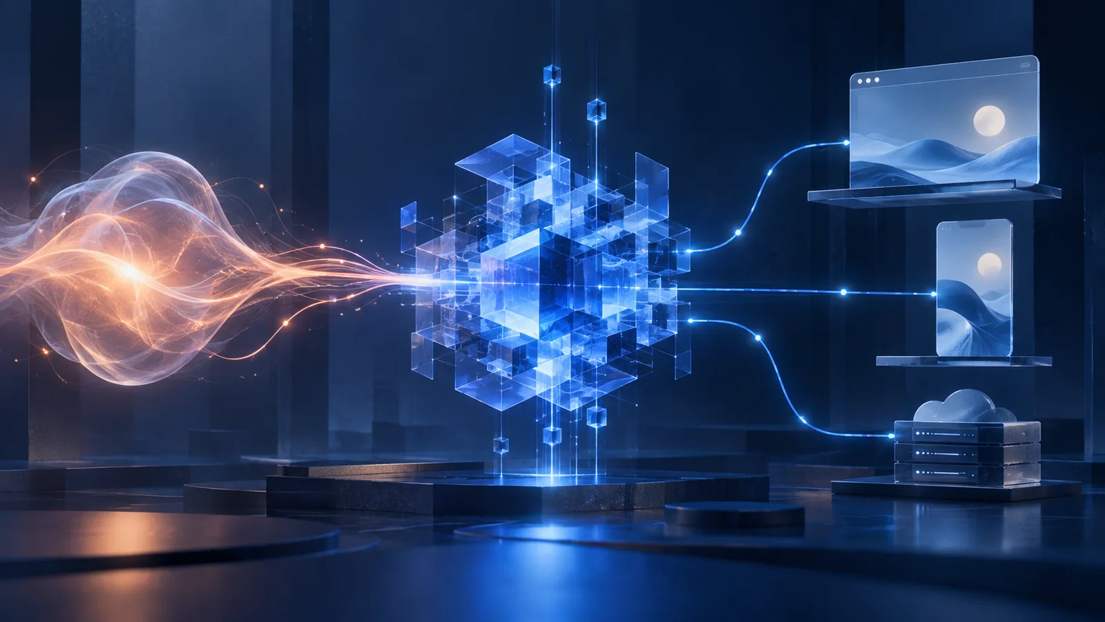 Una señal orgánica atraviesa una estructura de cristal y se transforma en interfaces para distintos dispositivos.